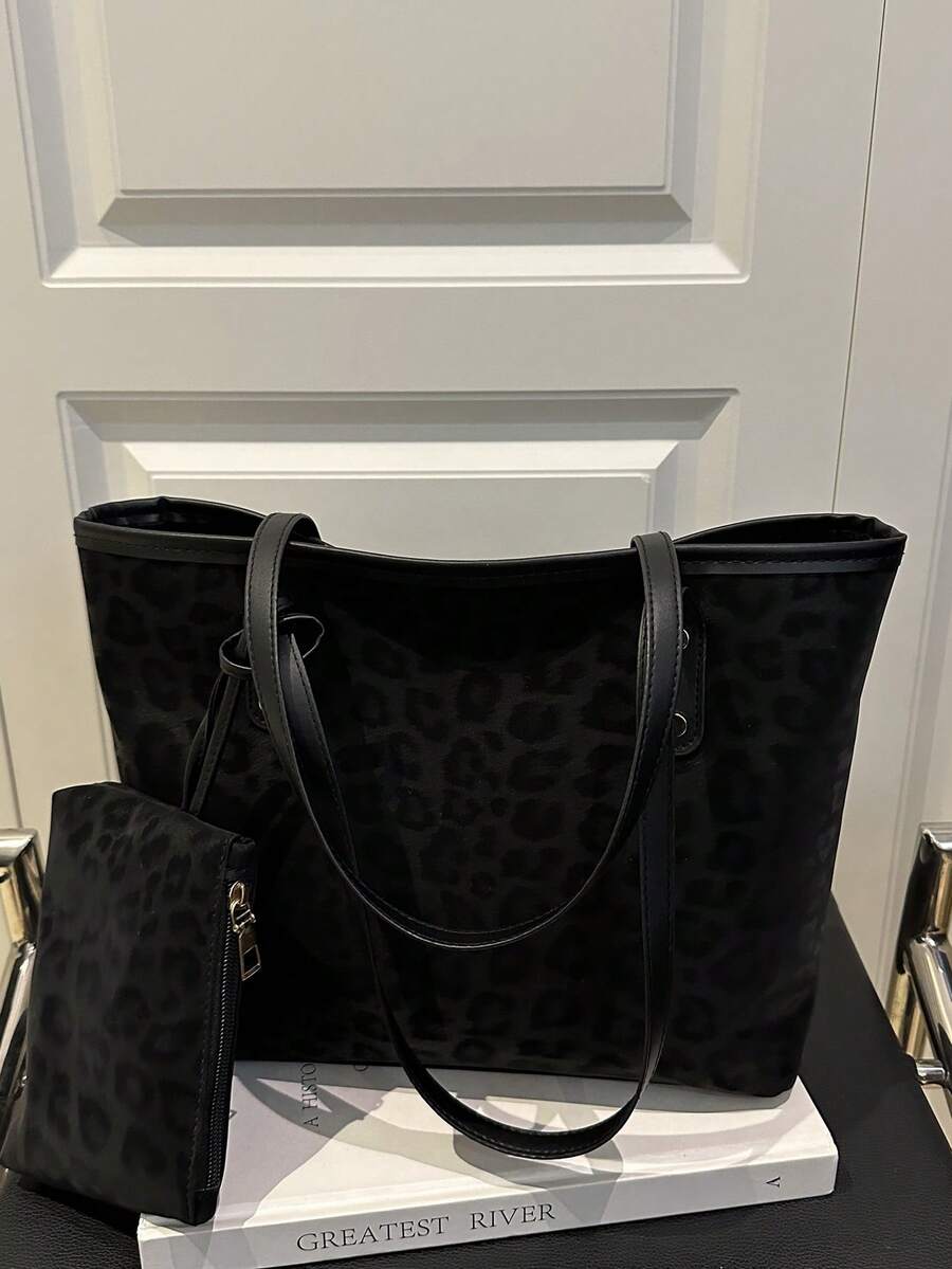 两件套新款大容量豹纹仿皮手提包，配有双提手，是通勤、工作或上学的理想之选。这款容量大、轻便的手提包融合了经典休闲和商务休闲风格，非常适合年轻女性、大学生和职场人士，轻松适应工作环境、返校季、高中/大学生活以及假日旅行。时尚拉链手提包。