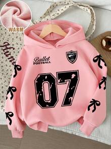 Young Girl Bow & Numeral Pattern Warm Hoodie Sweatshirt