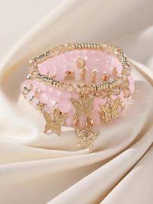 4pcs Bohemian Handmade Glass Beaded Bracelet Set With Flower Bead & Butterfly Pendant For Women, Elastic - 粉色 - 查看 2