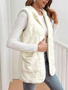 Chaleco Liso para Dama Chaleco con estampado floral de Borreguita con Bolsillo y Capucha para Mujer - Estilo Casual y Acogedor para Invierno. - Blanco - Ver 4