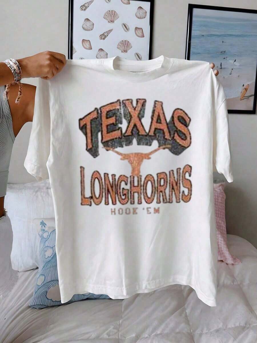 Texas Longhorns Graphic Showcasing The Iconic Longhorn Silhouette With Vintage Distressed Lettering, Casual Tee For The Ultimate Fan 220g Comfortable Fit2025 - trắng - Xem 1