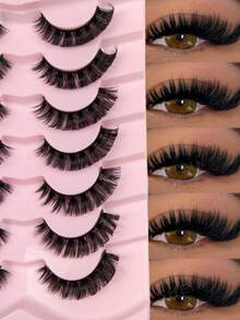 Hinarin 7 Pairs D Curl Russian Strip Lashes Wispy Fluffy Volume False Eyelashes Thick Dense Eyelashes Curly Dramatic Cross Faux Mink Eyelashes Extension Makeup