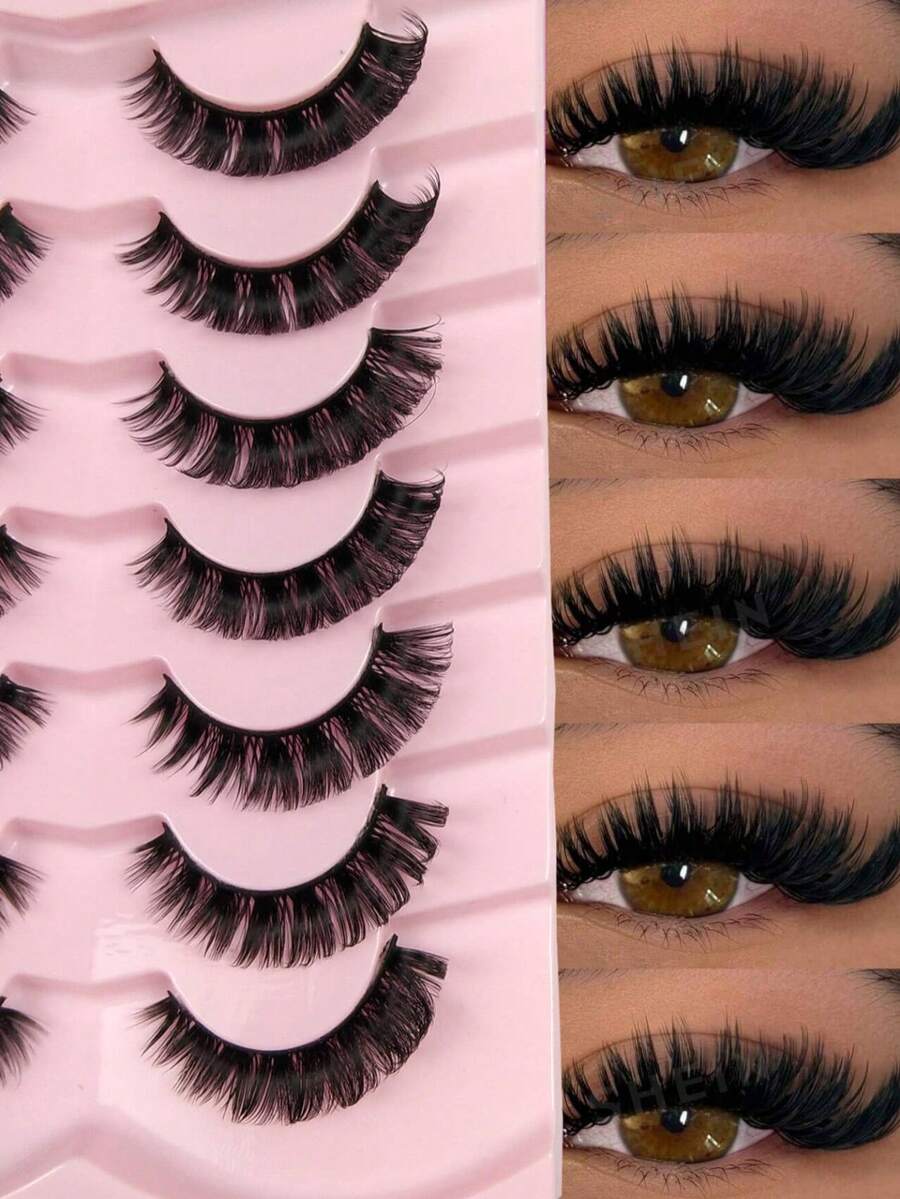 Hinarin 7 Pairs D Curl Russian Strip Lashes Wispy Fluffy Volume False Eyelashes Thick Dense Eyelashes Curly Dramatic Cross Faux Mink Eyelashes Extension Makeup