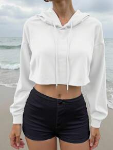 女士短款印花卫衣，多种颜色可选，女士短款加厚抽绳连帽灰色卫衣，适合户外运动、跑步、健身等活动，白色春季款 - 白色 - 查看 4