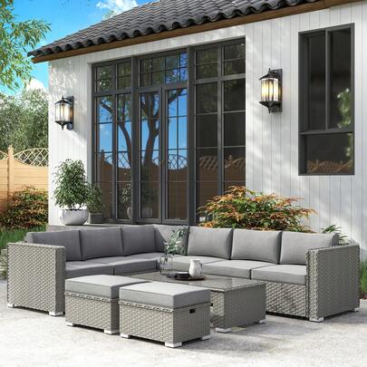  Outsunny 6 Pieces Rattan Garden Furniture Set, Wicker Garden Corner Sofa Set With 10cm Thickened Cushions, Aluminium Frame Conservatory Furniture With Glass Top Coffee Table, Footstools, Grey