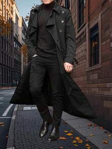 Men's  Daily Fashionable Casual Mid-Length Trench Coat, Street Style, Autumn/Winter, For Friends, Husband, Boyfriend Gifts - 黑色 - 查看 1