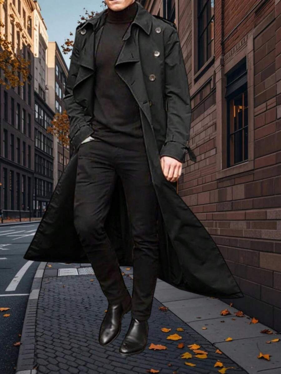 Men's Daily Fashionable Casual Mid-Length Trench Coat, Street Style, Autumn/Winter, For Friends, Husband, Boyfriend Gifts - 黑色 - 查看 1