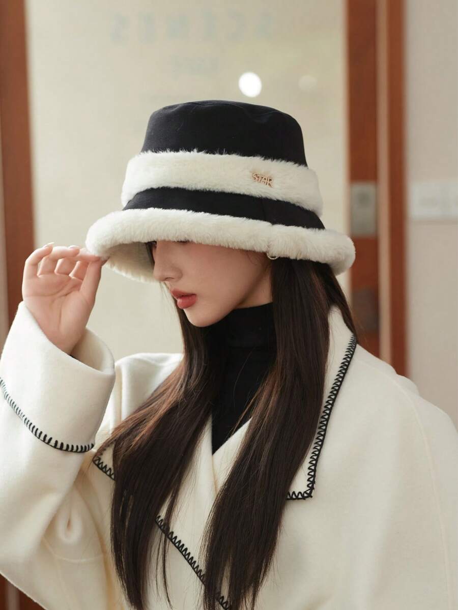 1 pieza Sombrero de cubo de mujer para otoño/invierno con parches de peluche, forro térmico, a prueba de viento, protección para las orejas, adecuado para uso diario
