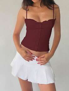 Sunny Girly Fall Women Clothes Y2k Back To School A Sexy And Pure Style Button-Down Front Button-Fitted Halter Top Romantictops Going Out Tops Women - Burgundy - View 6