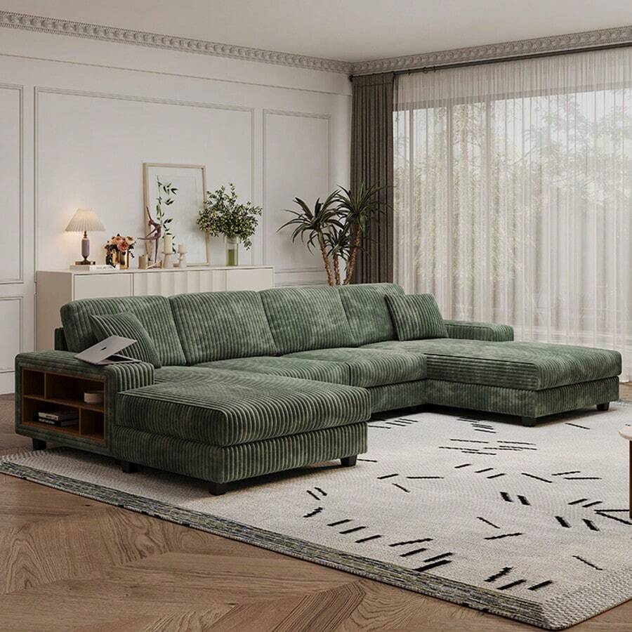 YOGLAD Convertible U-Shaped Sectional Sofa With Built-In Storage Compartments, Modern Corduroy Fabric 6-Seater Couch With Double Chaise Lounges, Large Comfortable Living Room Sofa With Solid Wood Frame, Easy Assembly & Durable Design - Green - View 1