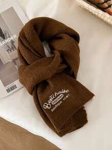Winter Knitted Wool Scarf In Solid Color With Thick Embroidered Text, Long Style - Multicolor - View 3