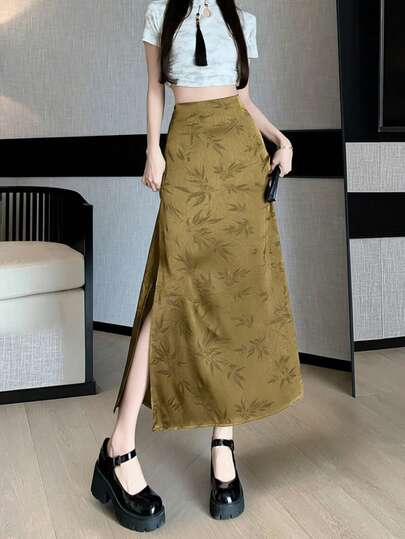 1pc Bamboo Leaf Pattern New Chinese Style Retro Satin Comfortable Flowy Split Hem Skirt, Versatile For All Seasons