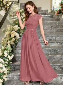 MIUSOL 花卉蕾丝短袖雪纺缎面收腰正式派对长裙，优雅女士派对礼服，舞会礼服，婚礼宾客礼服，毕业典礼礼服，晚礼服 - 藕粉色 - 查看 7