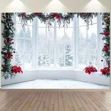 1 pièce Toile de fond de Noël Wonderland d'hiver - Fenêtres enneigées avec poinsettia rouge, décoration de fête intérieure et extérieure, bannières pour studios photo d'anniversaire et de mariage, décoration de fête, design de paysage enneigé, matériel, convient pour les célébrations de Noël. Taille, toile de fond de fête multifonctionnelle pour Noël d'hiver, décoration intérieure et extérieure, studio de photographie, décoration de jardin, décoration de fête et cabines téléphoniques. - Multicolore - Voir 4
