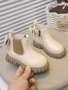 1 Pair Children's Fashion New Style Girls' Boots, PU Material, Side Zipper, Elastic Ankle, Handmade Flower & Bow Decor, Non-Slip Soft Durable Sole, Chelsea Style, Suitable For School, Outdoor, Home, Spring, Summer, Autumn Wear