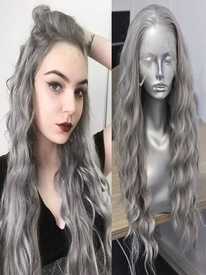 websterwigs Tóc giả dài 13x4 gợn sóng màu đen, vàng bạch kim, xám tro, phía trước ren, tóc giả tổng hợp phía trước ren, đường chân tóc được nhổ sẵn, tóc sợi chịu nhiệt, tóc giả thẳng mượt, dành cho nữ, hóa trang, tiệc tùng, sử dụng hàng ngày