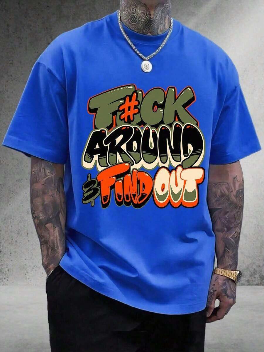 "F@K AROUND & FIND OUT" Graphic T-Shirt - 180g Heavy Cotton Crew Neck T-Shirt With Bold Orange And Green Graffiti Print, Breathable Short Sleeve Shirt For Summer, Casual Streetwear And Outdoor Activities, Everyday Wear Shirt Street Fashion Comfortable Fit, Everyday Wear, Match With Shorts, Outdoor Sports, Golf, Fishing Activities, Sports Shirt, Great Gift, Graphic T-Shirt, T-Shirt-White And Navy Off-The-Shoulder Cropped Top - 藍色 - 查看 1
