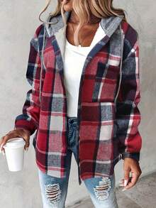 Women's Plaid Retro Casual Hooded Jacket - Red - View 1