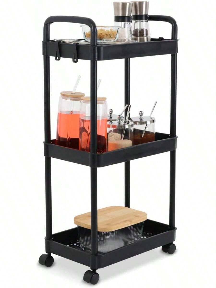 GAON.Carrito de Almacenamiento Negro con Ruedas Carrito Organizador Multiusos Carro de Servicio con 3 Niveles - 1 - Ver 1