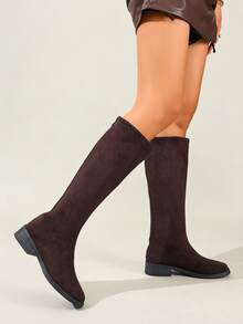 Fall/Winter Women's Fashion Brown Suede Low Heel Knee-High Boots, Minimalist Back Zipper Slimming Riding Boots, Suitable For Holiday, Office, Commute, Business,Party - Brown - View 5