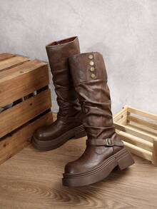 Fashion Reversible Thick Sole Tall Boots For Women, Autumn/Winter New Chunky Heel Over-The-Knee Riding Boots - Brown - View 5