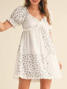 Women Y2k Puff Sleeve Babydoll Dresses Boho Floral Print V Neck Bow Tie Front Mini Dress Summer Flowy Patchwork Babydoll Sundress - 白色 - 查看 8