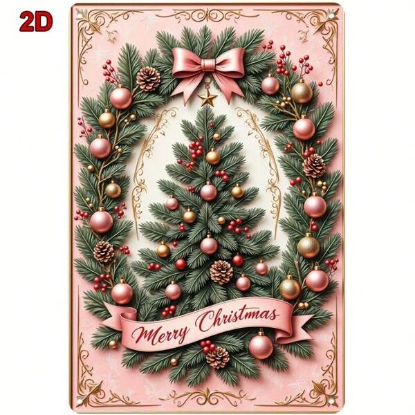 2D flach, 1 Stück 8x12 Inch Vintage Metallschild - Rosa Weihnachtsbaum mit roten Beeren, goldenen Ornamenten & Schleife, Fröhliche Weihnachten Schrift - Weihnachtsdekoration für Zuhause, Café, Bar, Restaurant, Weihnachtsbaum Deko, festliche Raumakzente, detaillierte Handwerkskunst, perfekt für Raumdekoration