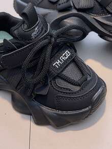 A Pair Of Black PU Girls' Sneakers With Hook-And-Loop Strap And Side Strap Detail For Everyday Wear, Sports, School, Cute Fashion Shoes For All Seasons