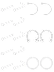 13pcs Casual Transparent Plastic Piercing Jewelry Set, Suitable For Women's Daily Commute Wear, Includes 20G Transparent Nose Ring, Nose Septum Ring, Ear Cartilage Ring, Lip Stud, Eyebrow Ring, Etc. - Clear - View 8