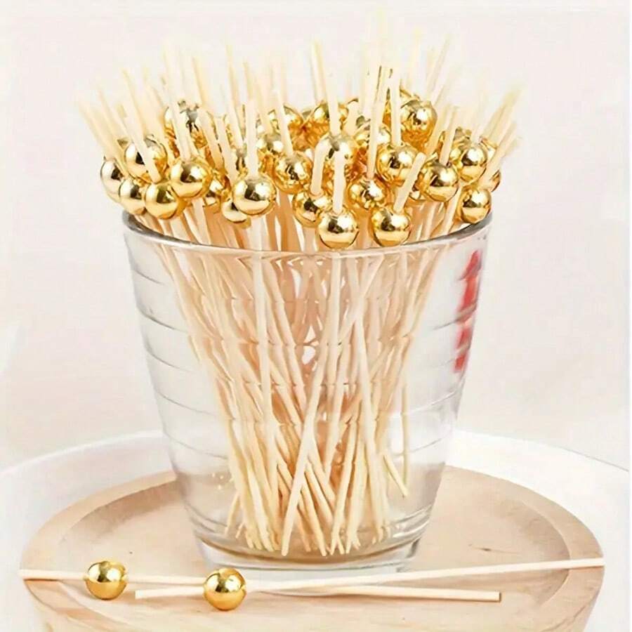 200pcs 4.7 Inch Cocktail Picks, Bamboo Cocktail Sticks For Drinks, Desserts, Appetizers, Wedding Party Fancy Toothpicks, Gold Pearl Mini Food Picks Decor