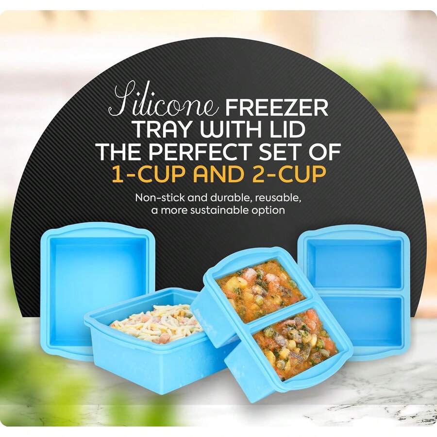 Freezer Trays With Lids, Set Of 4 - With 1cup And 2 Cup Silicone Freezer Molds For Freezing Soups, Sauces And Individual Microwave - 4 Pack Grey and Red - View 1