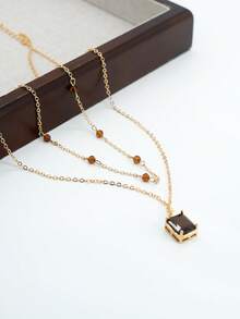 1 件复古方形棕色方晶锆石吊坠配双层水晶珠项链，女士日常、节日、派对配饰 - 金黃色 - 查看 2