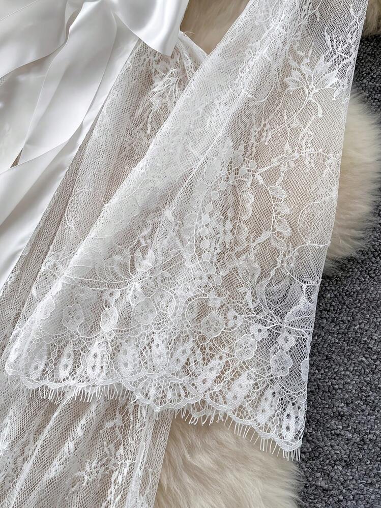 Women's See-Through Sexy White Lace Robe With Belt, Fitted Thin Fabric Nightwear For All Seasons, Elegant Sleepwear And Lingerie - 白色 - 查看 4