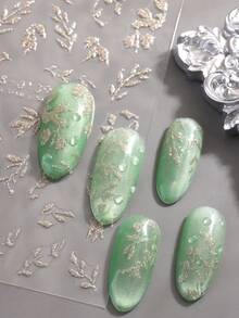 2片浅金色叶子亮片美甲贴纸，中国风柳叶3D美甲图案，魅力美甲装饰，自粘美甲贴纸，适用于DIY美甲沙龙、女性美甲用品等。 - 金色 - 查看 5