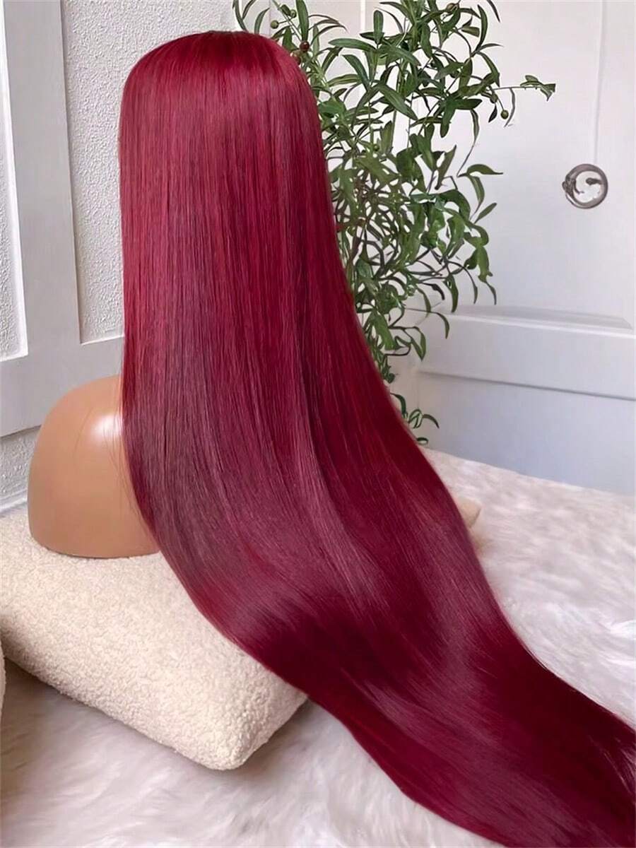 99J Colored Lace Front Human Hair Wigs Straight Burgundy 13x4 HD Transparent Full Lace Frontal Wig Red Glueless Wigs For Women - S99J - 查看 1