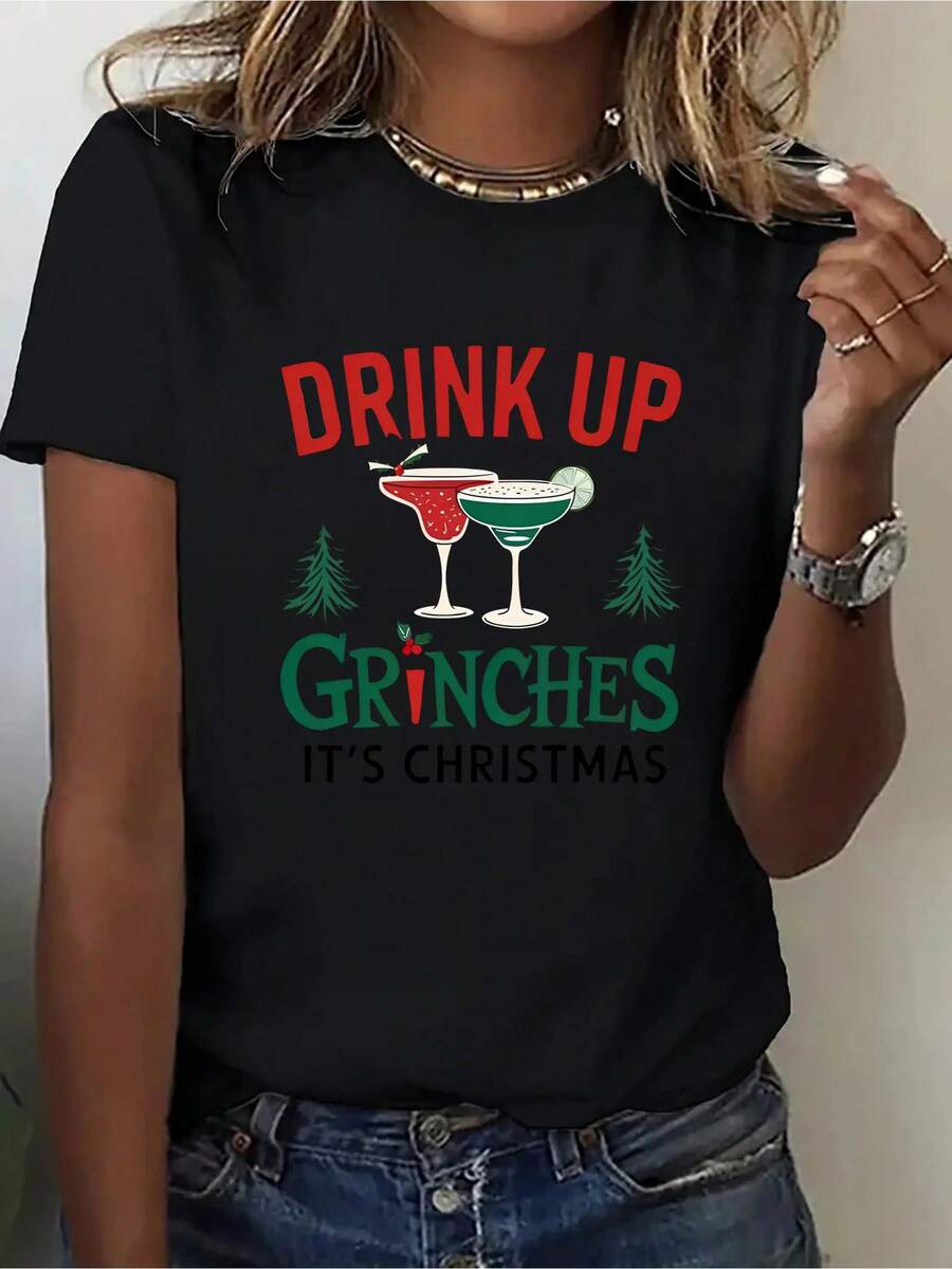 Women's Christmas 'DRINK UP GRINCHES' Graphic-Shirt - Festive Style Cocktail Design, Soft Stretch Crew Neck Short Sleeve, Machine Washable Casual Top, Suitable For All Seasons, Comfortable Fit Shirt - Black - View 1
