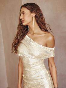 Sollinarry 女士春夏新款亮片露肩长款奢华优雅派对礼服，适合派对、婚礼等场合 - 香檳色 - 查看 2