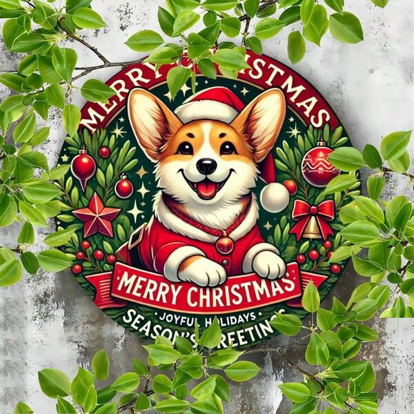 1 Stück Vintage runder Corgi Weihnachts Eisenmetall Schild, 20x20 cm, festliche Wandkunst mit vorgebohrten Löchern für einfache Montage, hochauflösender Muster, strapazierfähige Innen-/Außendekoration
