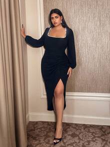 Doriss Plus Size Gorgeous Square Neck Beaded Split Hem Ruffled Slim Lantern-Sleeve Mermaid Dress, Wedding Guest Dress,Vintage Style, Modest, Wedding Season, Valentine's Day Outfit, Autumn Winter, White Party Event, Old Money Style, Court Style, Halloween