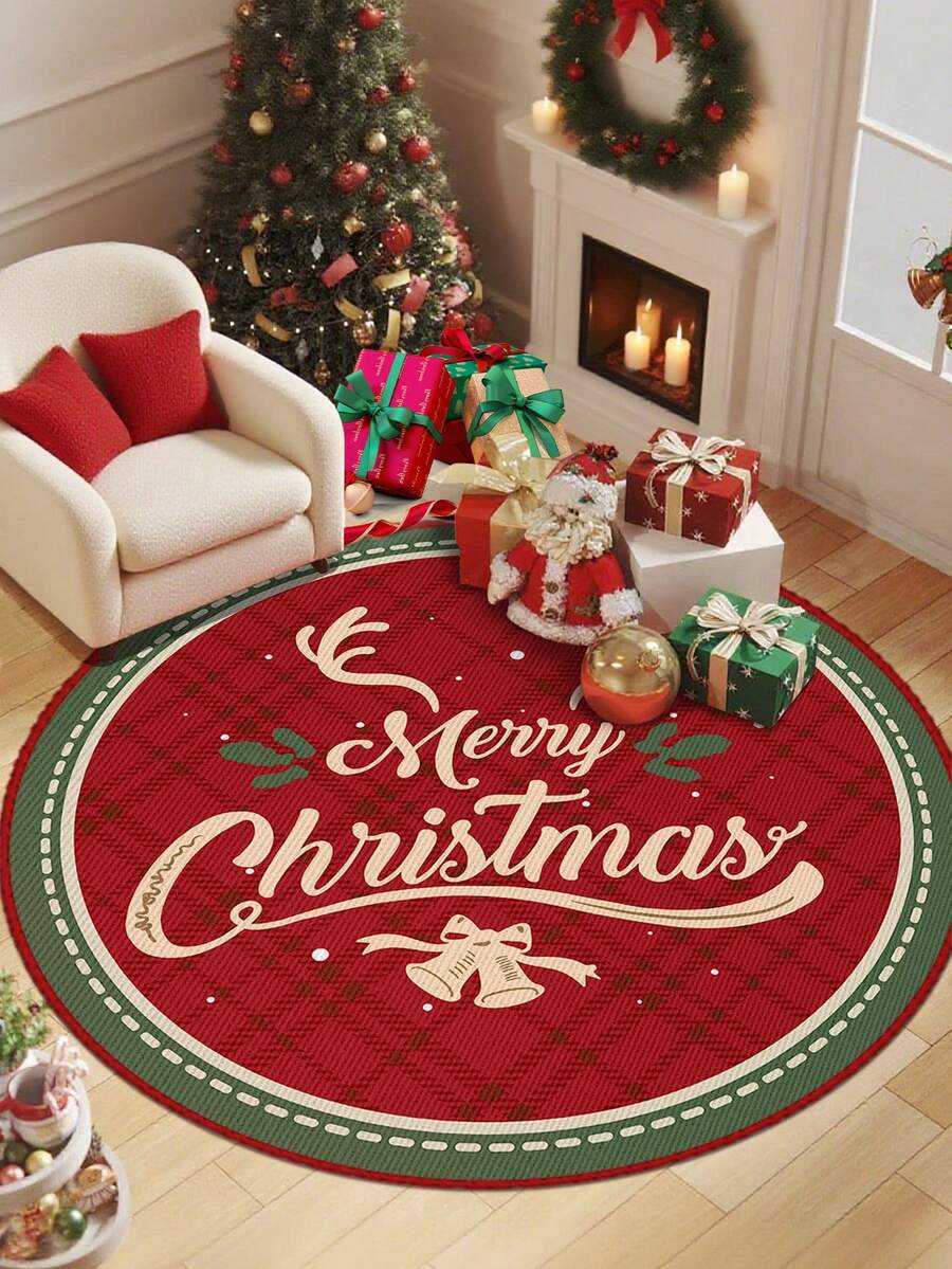 1pc Christmas Round Carpet, Made Of Crystal Velvet, Suitable For Living Room, Bedroom And Other Occasions, Soft And Easy To Clean, Anti-Slip, Multipurpose, Can Be Used For Home Decor, Room Decor, Floor Laying, Machine Washable. - Red - View 1