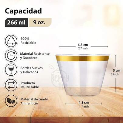 Berry Bloom Vasos Reutilizables con Borde Dorado Paquete Con Piezas, Copas Elegantes para Fiestas, Bodas, Postre, Cócteles, Vino (10 ONZAS)