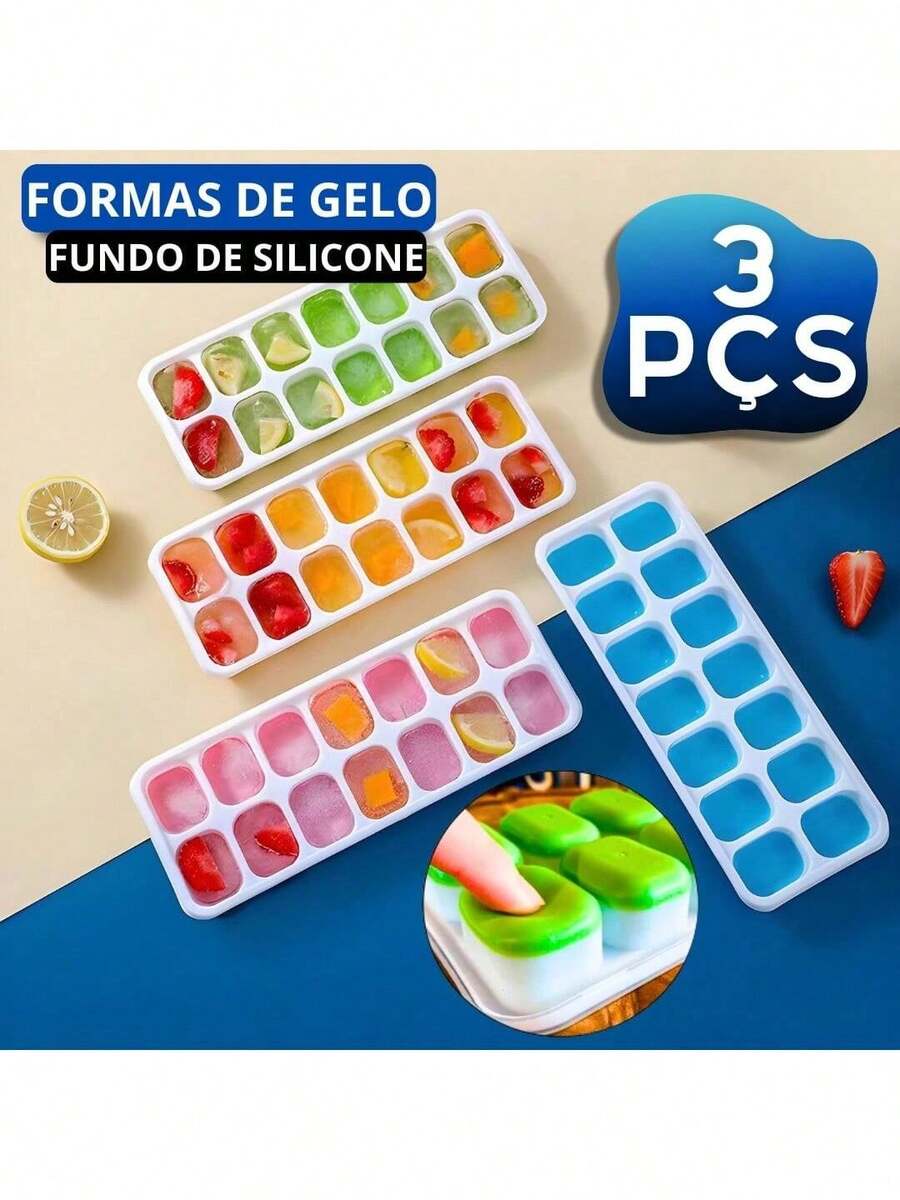 COMBO 3 Forma de Gelo Fundo de Silicone Para Papinha Casa Cozinha Geladeira e Freezer Coquetel - Multicolorido - Visão 1