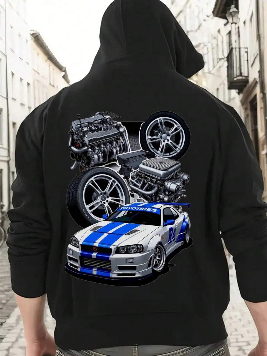 Sudadera con capucha gráfica automotriz para hombres - Diseño de motor de coche de carreras y ruedas - Sudadera con capucha suave con bolsillo delantero - Ropa de calle fresca de otoño/invierno para entusiastas de los coches - Regalo de Halloween para chicos, sudadera con capucha de coche, ropa casual, aspecto deportivo, tela duradera, ropa unisex, amantes de urbana, moda de otoño, impresión de alta calidad, amantes de la ropa urbana - Negro - Ver 1