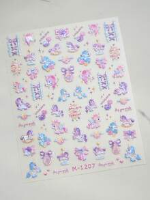 紫色独角兽洛丽塔美甲贴纸 5D蝴蝶结魔法玫瑰旋转星翼可爱卡通旋转木马快乐美甲贴花梦幻5D奇幻自粘美甲贴纸女孩美甲用品 - 彩色 - 查看 8