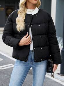 Women's Winter Solid Color Double-Breasted Jacket, Fashionable Short Quilted Coat, Winter Casual Round Neck Overcoat, With Pockets, Winter Clothing