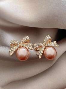 1 Pair Cute Faux Pearl Bow Floral Wreath Design Stud Earrings, Suitable For Girls, An Ideal Gift Choice - one-size - View 4