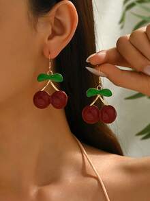 1 对时尚樱桃设计优雅耳钉，适合女性日常佩戴 - 彩色 - 查看 9