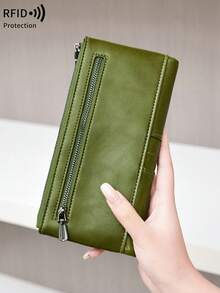MIYIN RFID Blocking Large Capacity Bifold Women's Wallet, Vintage Zipper Soft Leather Material, Multiple Card Slots & Clear ID Window, Can Hold Credit Cards/ID/Cash/Phone, Quilted Detail Design, Can Be Used As Card Case/Clutch, Suitable For Women's Business & Casual Occasions, Also Suitable For Men, Long Wallet - Green - View 4