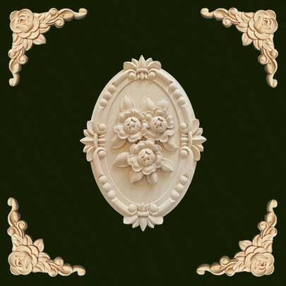 5 piezas de apliques decorativos de flores de rosa talladas de madera sin pintar, de 8.26x5.9 pulgadas, adecuados para gabinetes, puertas, muebles, paredes, entradas, oficinas, días festivos, decoración DIY