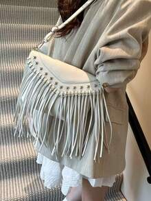 New Stylish And Simple Retro Tassel Messenger Bag Female Spring 2026 New Soft Leather Envelope Shoulder Bag, Suitable For Commuting To Work, School, Shopping, Dating, Travel And Other Occasions. - trắng - Xem 6